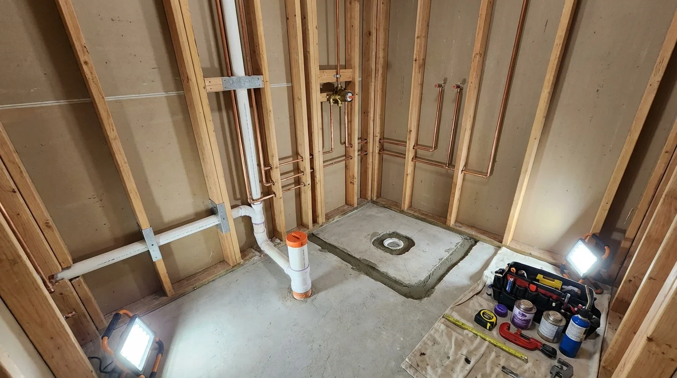 Bathroom rough-in plumbing during remodel by Johns Plumbing LLC in Glasco