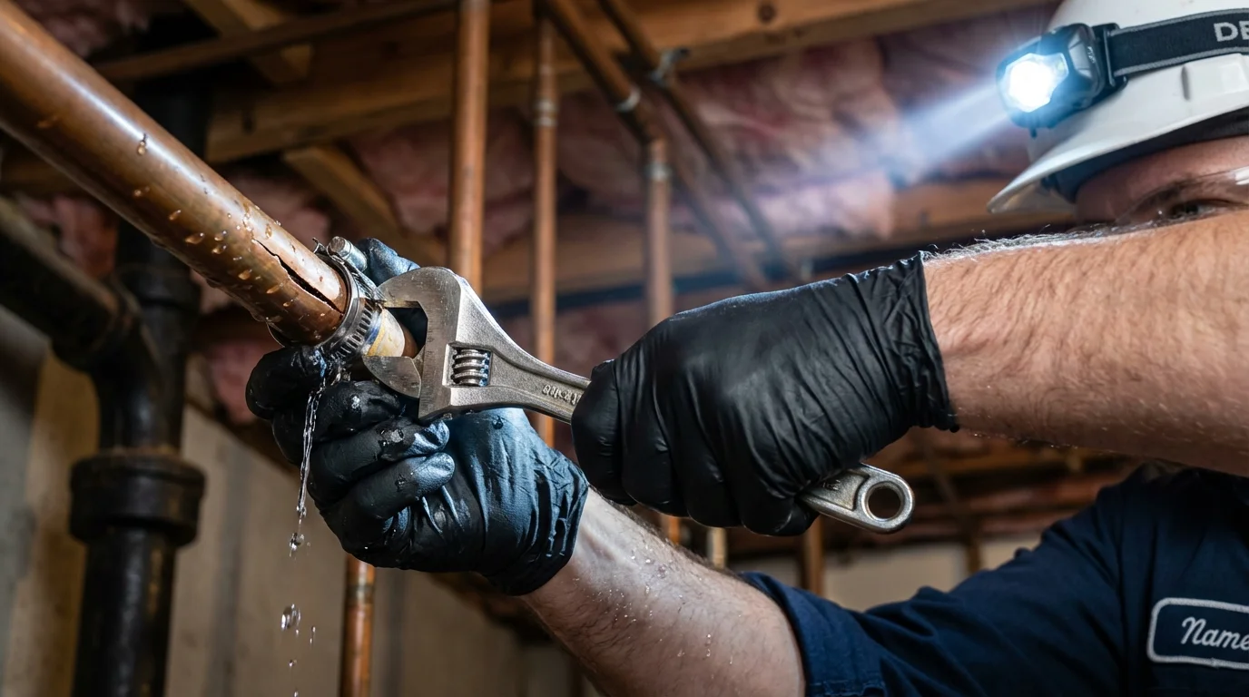 Emergency pipe clamp repair being performed by a Johns Plumbing LLC plumber in Glasco