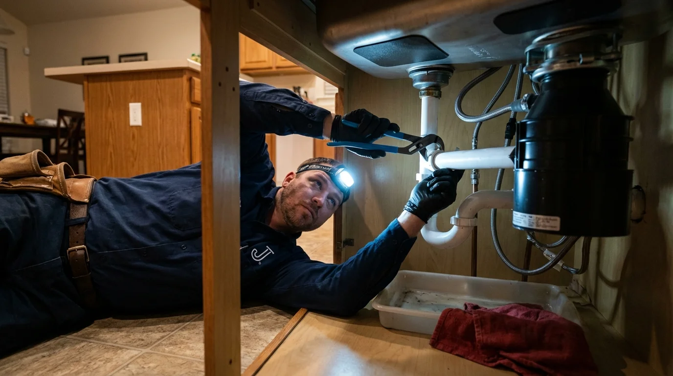 P-trap and supply line connections under a kitchen sink showing a common leak point in Glasco, NY
